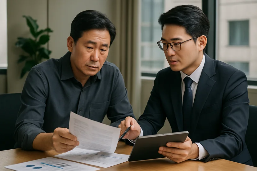중소기업 대표가 정책자금 상담 자료를 확인하는 장면