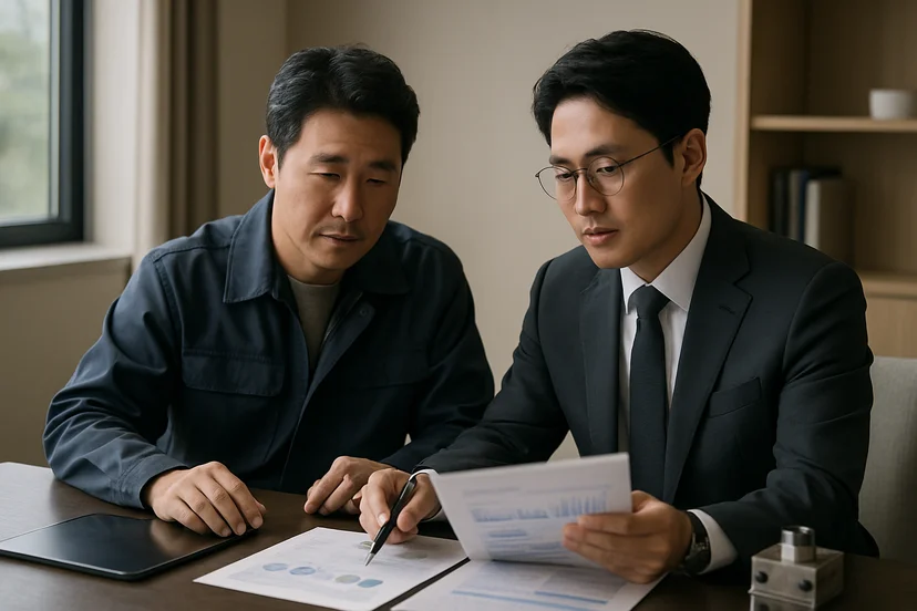 중소기업 대표가 정책자금 상담 자료를 확인하는 장면