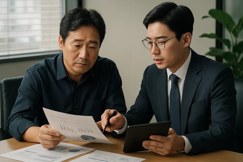 중소기업 대표가 정책자금 상담 자료를 확인하는 장면