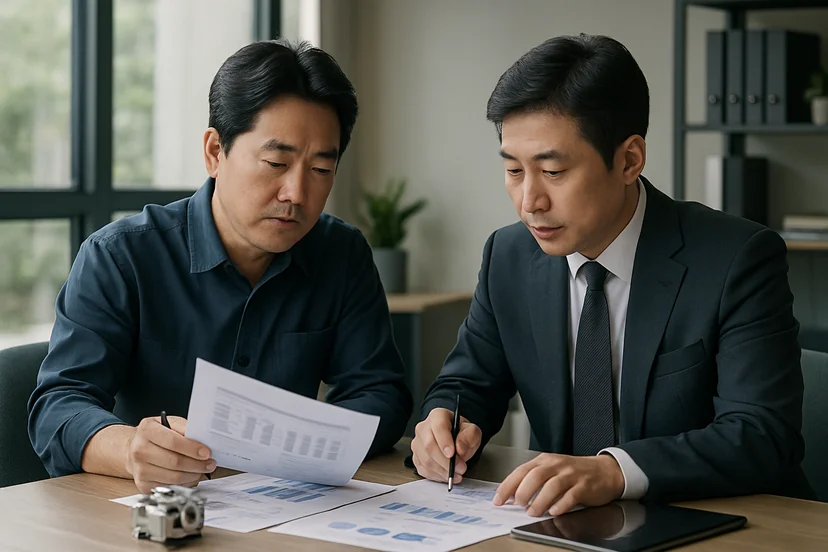 중소기업 대표가 정책자금 상담 자료를 확인하는 장면