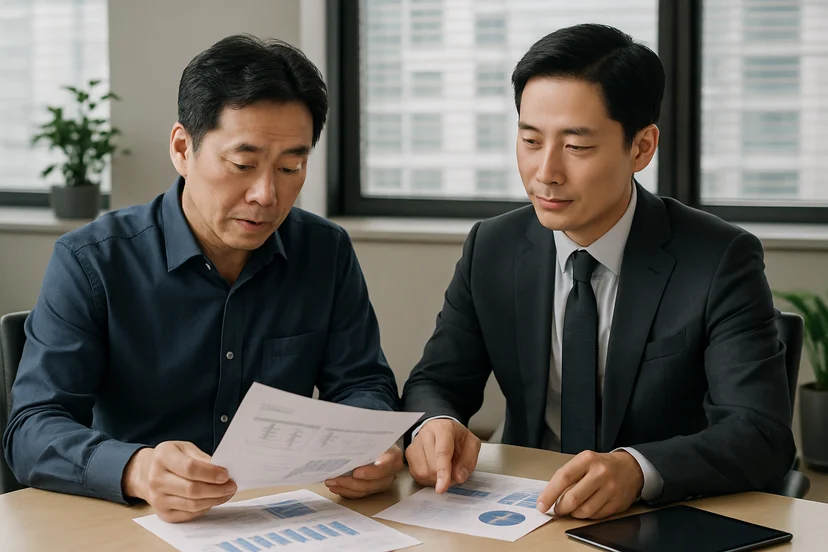 중소기업 대표가 정책자금 상담 자료를 확인하는 장면