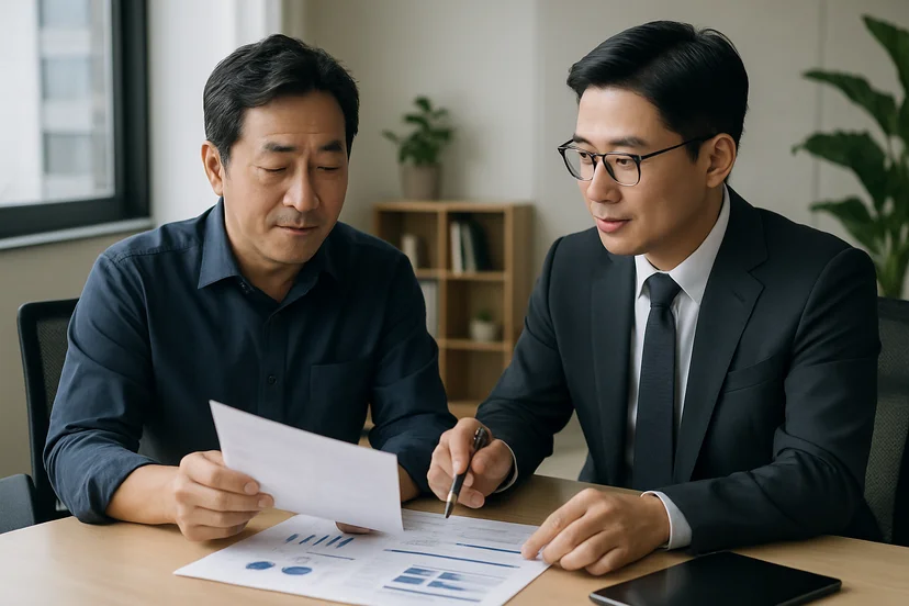 중소기업 대표가 정책자금 상담 자료를 확인하는 장면