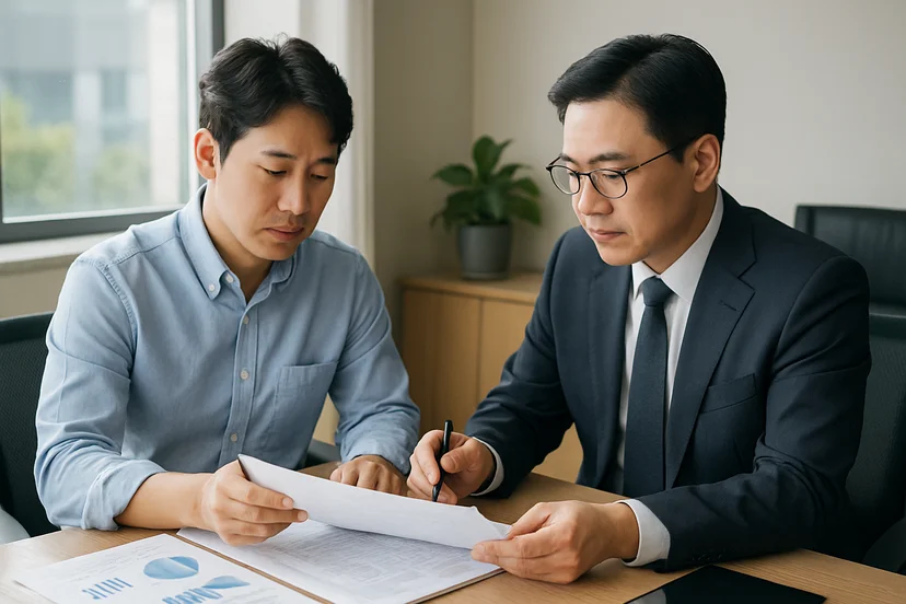 중소기업 대표가 정책자금 상담 자료를 확인하는 장면