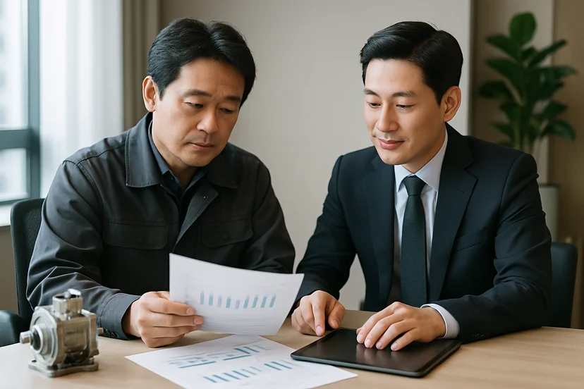 중소기업 대표가 정책자금 상담 자료를 확인하는 장면