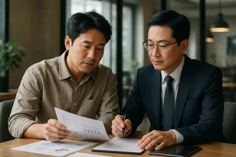 중소기업 대표가 정책자금 상담 자료를 확인하는 장면