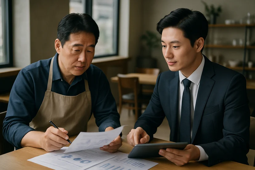 중소기업 대표가 정책자금 상담 자료를 확인하는 장면