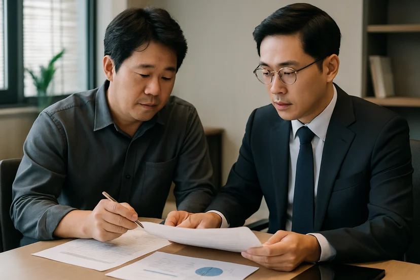 중소기업 대표가 정책자금 상담 자료를 확인하는 장면