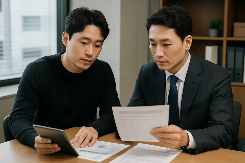 중소기업 대표가 정책자금 상담 자료를 확인하는 장면