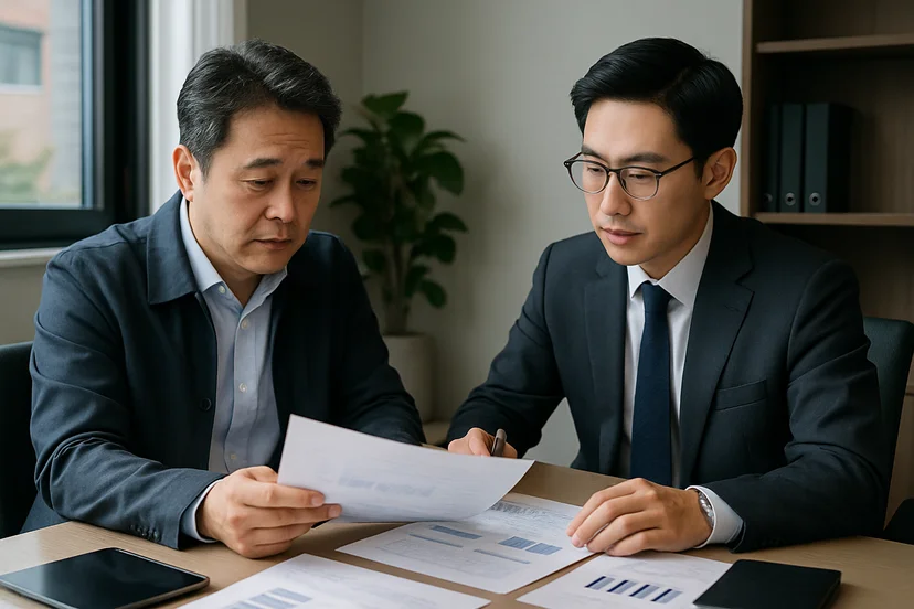 중소기업 대표가 정책자금 상담 자료를 확인하는 장면
