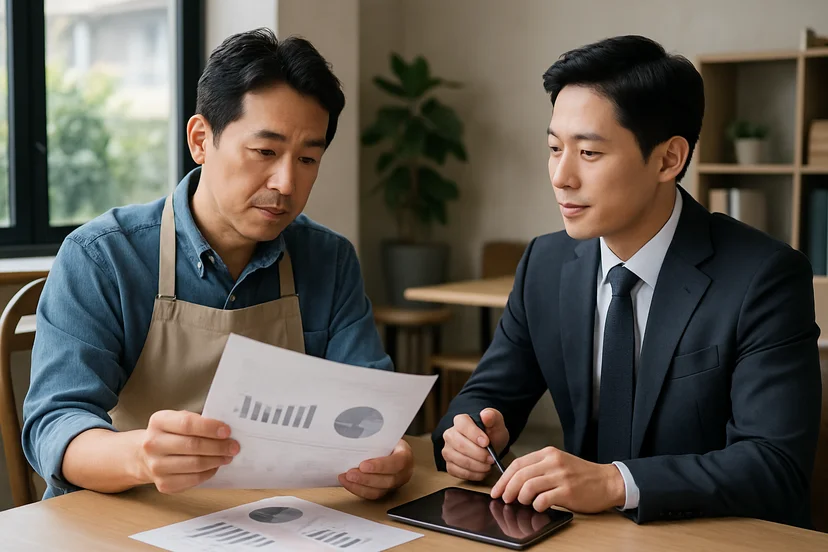 중소기업 대표가 정책자금 상담 자료를 확인하는 장면