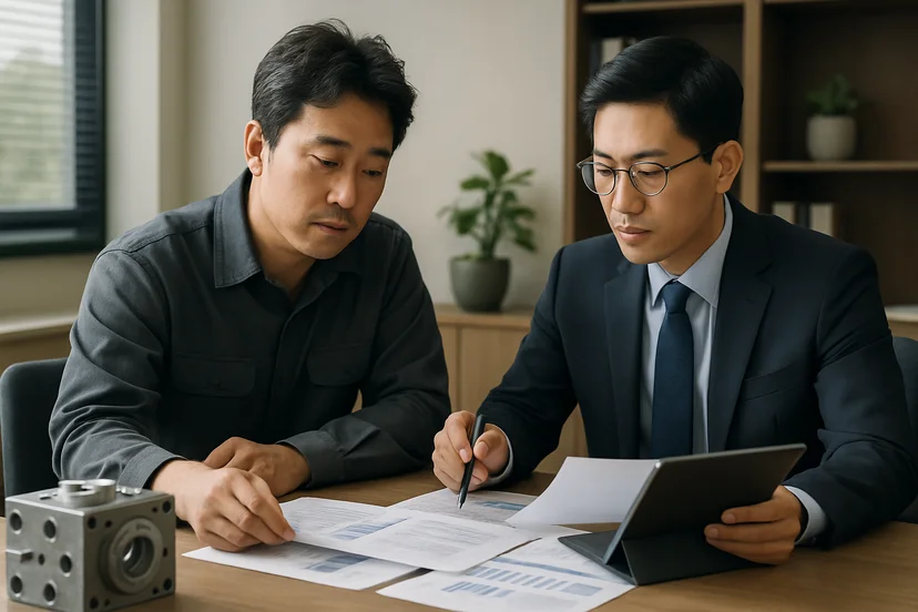 중소기업 대표가 정책자금 상담 자료를 확인하는 장면