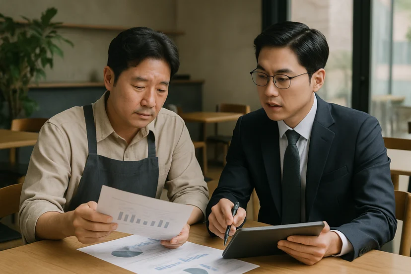 중소기업 대표가 정책자금 상담 자료를 확인하는 장면