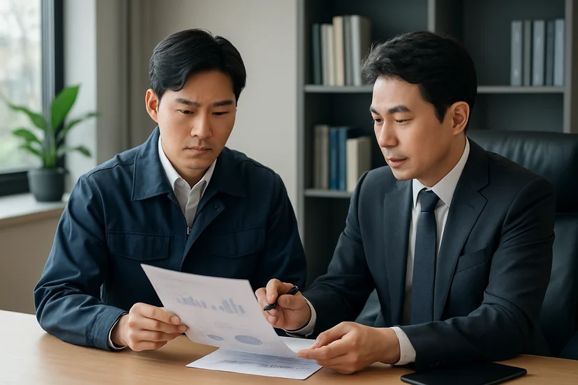 중소기업 대표가 정책자금 상담 자료를 확인하는 장면