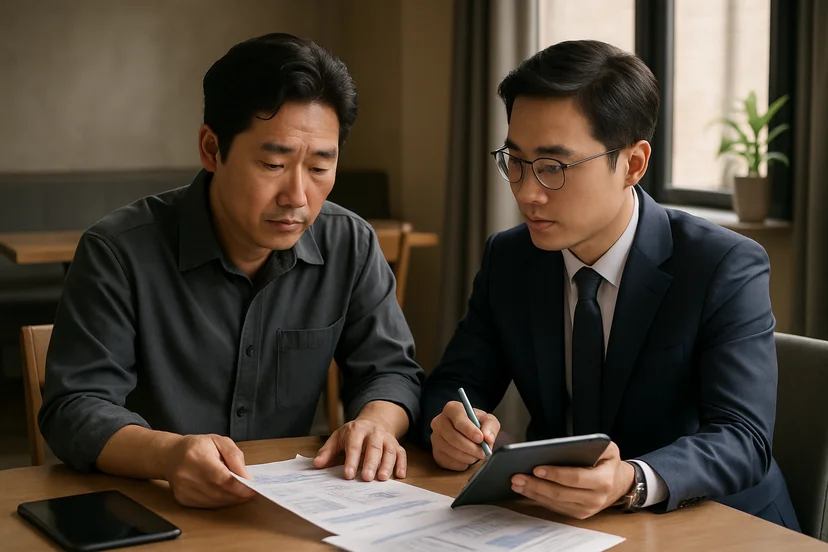 중소기업 대표가 정책자금 상담 자료를 확인하는 장면