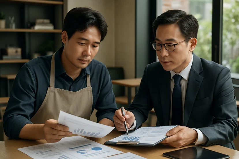 중소기업 대표가 정책자금 상담 자료를 확인하는 장면