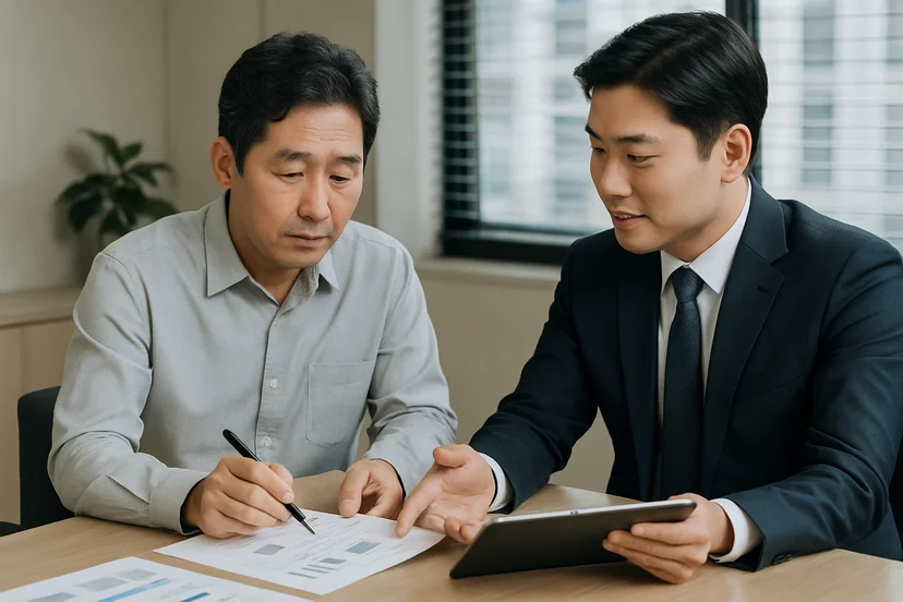 중소기업 대표가 정책자금 상담 자료를 확인하는 장면