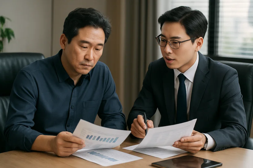 중소기업 대표가 정책자금 상담 자료를 확인하는 장면