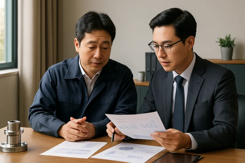 중소기업 대표가 정책자금 상담 자료를 확인하는 장면
