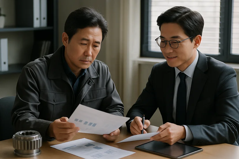 중소기업 대표가 정책자금 상담 자료를 확인하는 장면