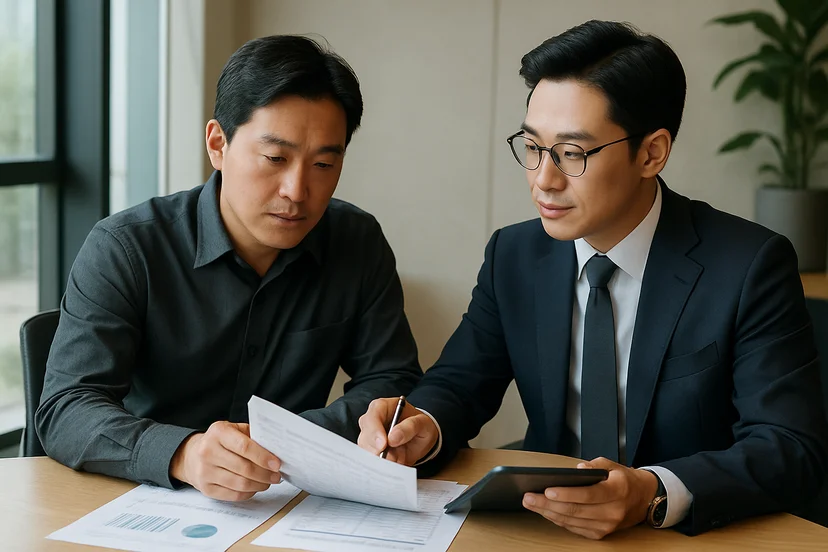 중소기업 대표가 정책자금 상담 자료를 확인하는 장면