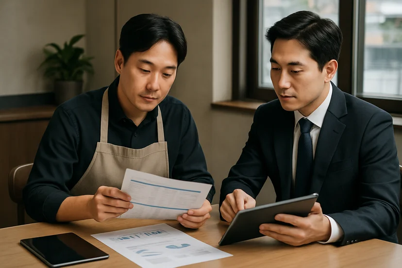 중소기업 대표가 정책자금 상담 자료를 확인하는 장면