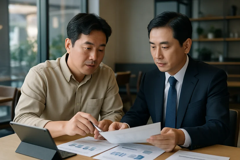 중소기업 대표가 정책자금 상담 자료를 확인하는 장면