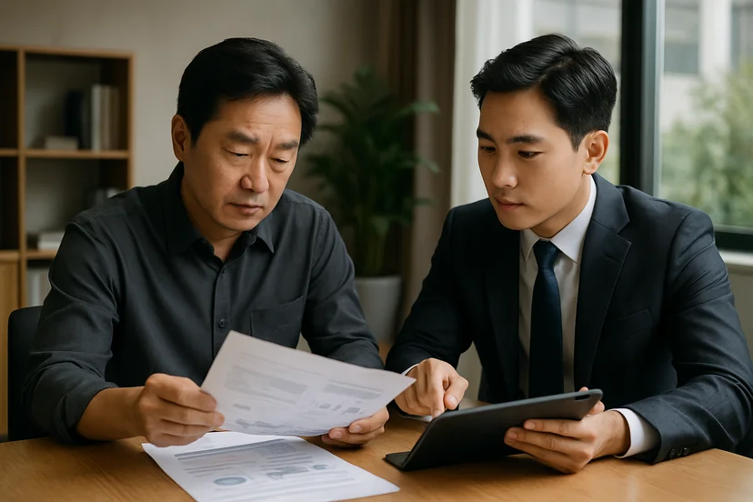 중소기업 대표가 정책자금 상담 자료를 확인하는 장면
