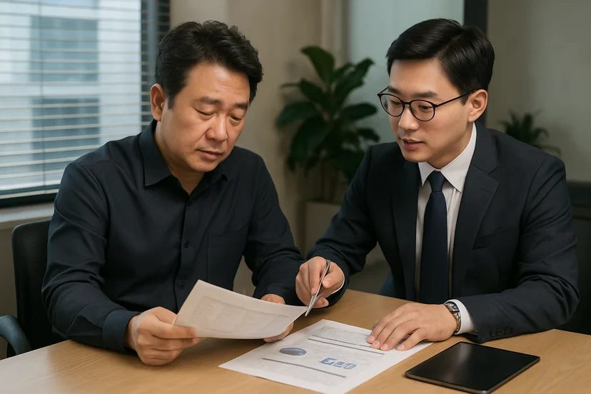 중소기업 대표가 정책자금 상담 자료를 확인하는 장면