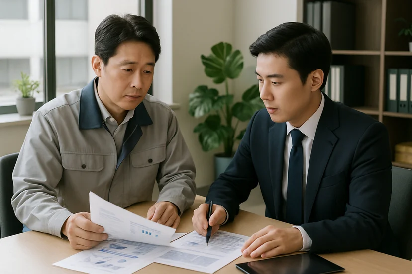 중소기업 대표가 정책자금 상담 자료를 확인하는 장면