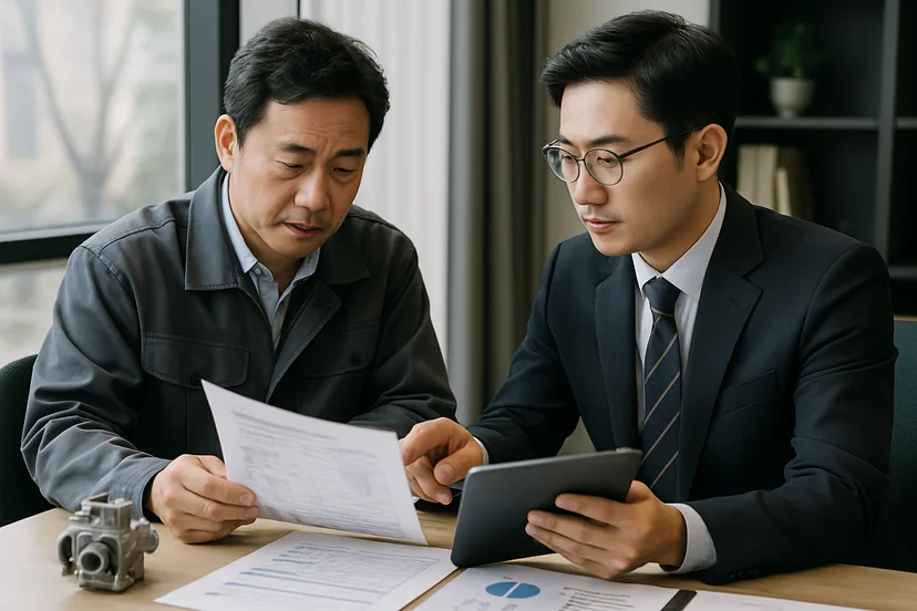 중소기업 대표가 정책자금 상담 자료를 확인하는 장면
