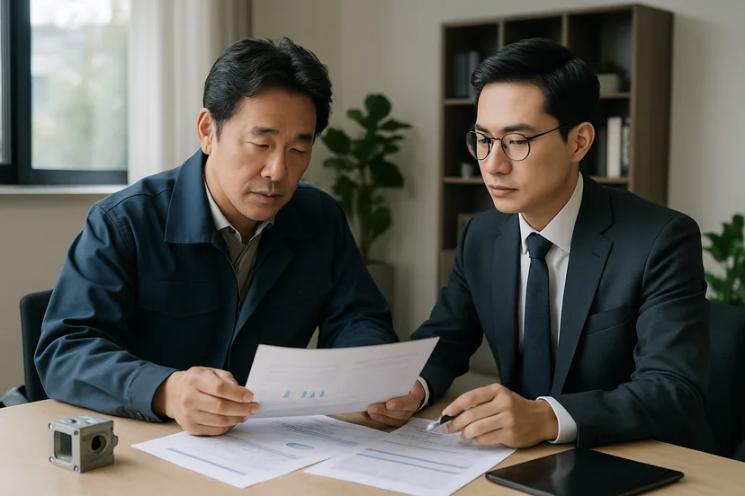중소기업 대표가 정책자금 상담 자료를 확인하는 장면