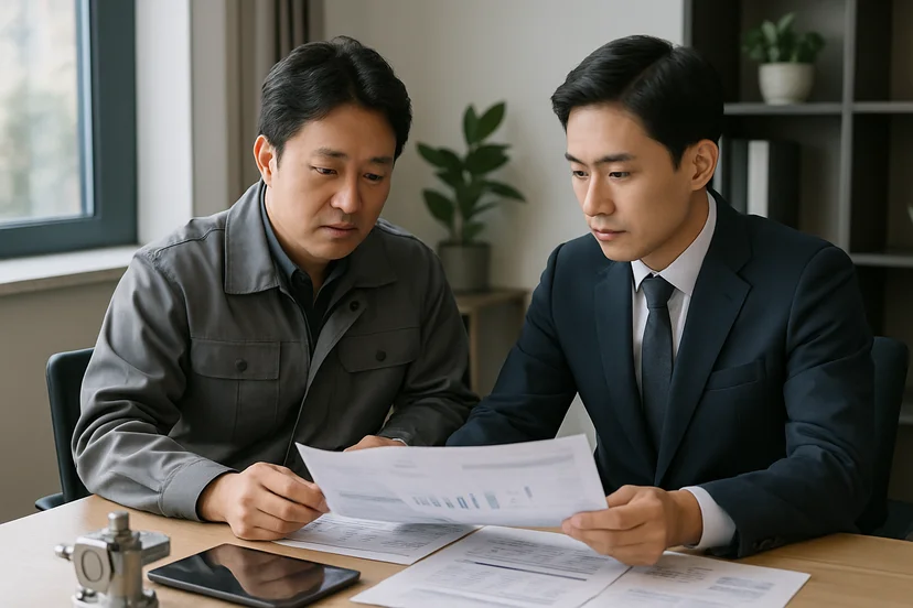 중소기업 대표가 정책자금 상담 자료를 확인하는 장면