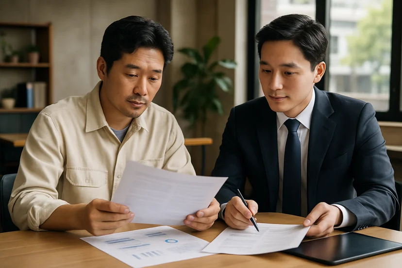 중소기업 대표가 정책자금 상담 자료를 확인하는 장면