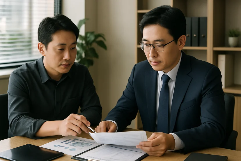 중소기업 대표가 정책자금 상담 자료를 확인하는 장면