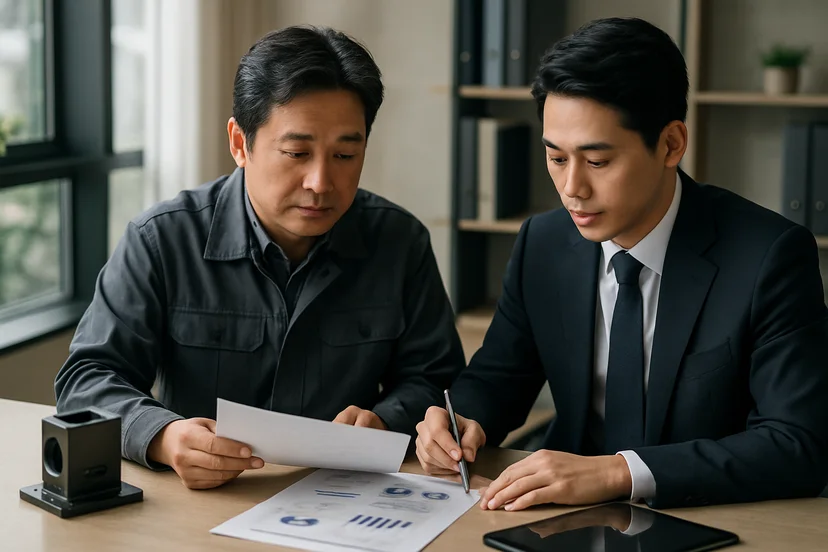 중소기업 대표가 정책자금 상담 자료를 확인하는 장면