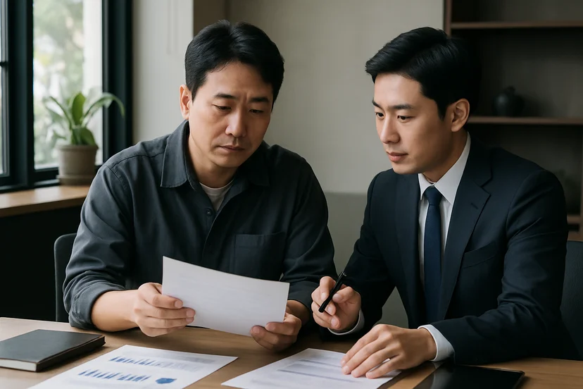 중소기업 대표가 정책자금 상담 자료를 확인하는 장면