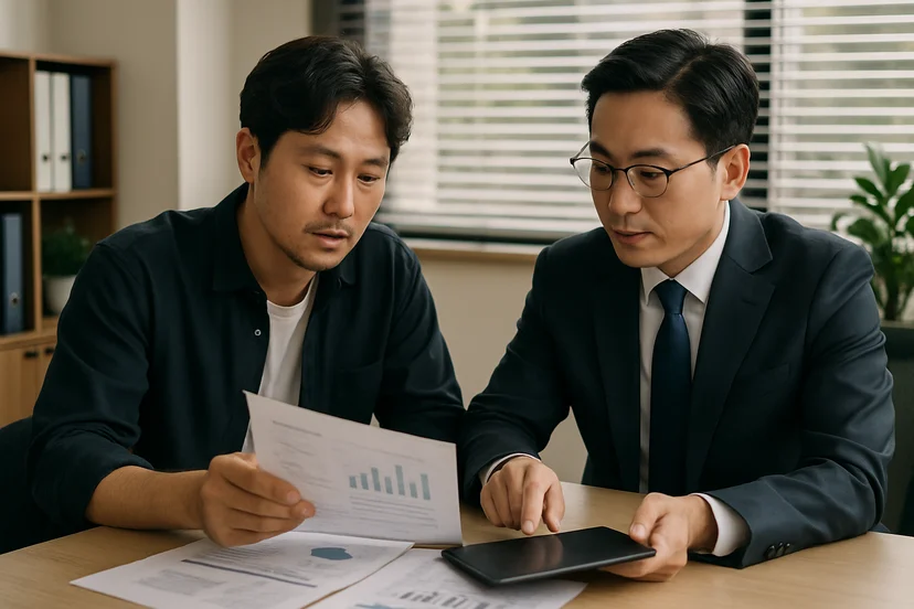 중소기업 대표가 정책자금 상담 자료를 확인하는 장면