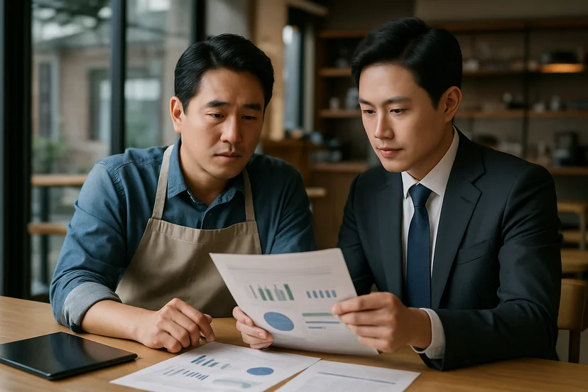 중소기업 대표가 정책자금 상담 자료를 확인하는 장면