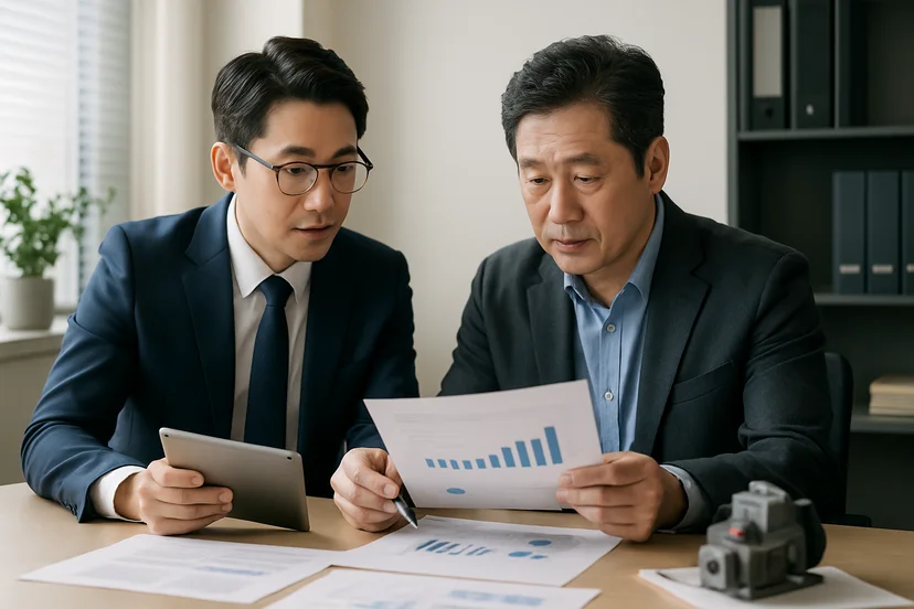 중소기업 대표가 정책자금 상담 자료를 확인하는 장면