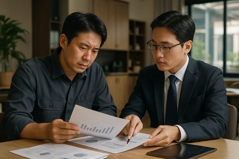 중소기업 대표가 정책자금 상담 자료를 확인하는 장면