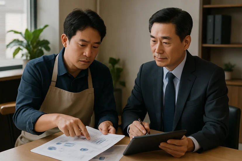 중소기업 대표가 정책자금 상담 자료를 확인하는 장면
