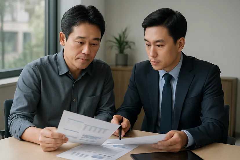 중소기업 대표가 정책자금 상담 자료를 확인하는 장면