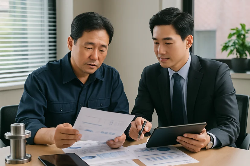 중소기업 대표가 정책자금 상담 자료를 확인하는 장면
