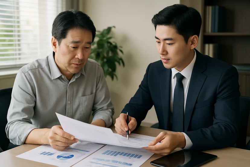 중소기업 대표가 정책자금 상담 자료를 확인하는 장면