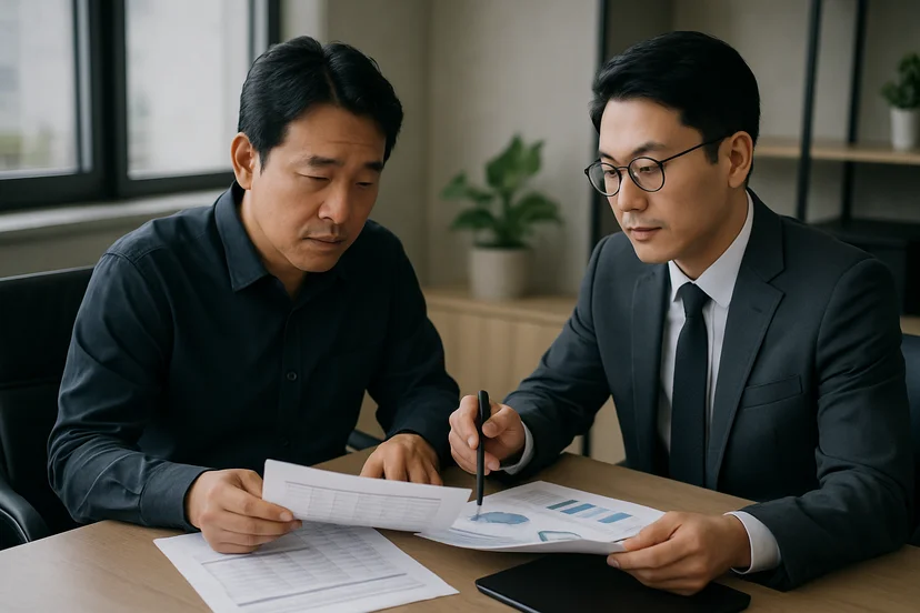 중소기업 대표가 정책자금 상담 자료를 확인하는 장면