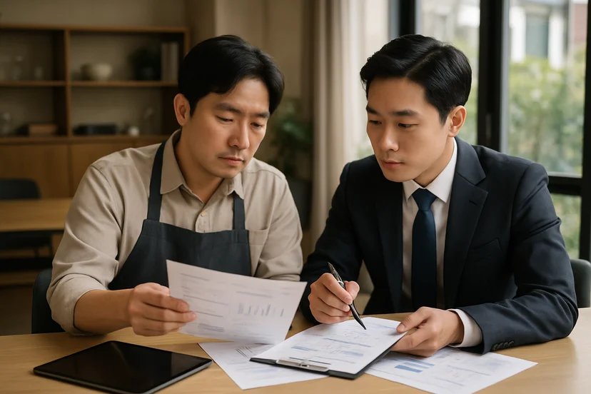 중소기업 대표가 정책자금 상담 자료를 확인하는 장면