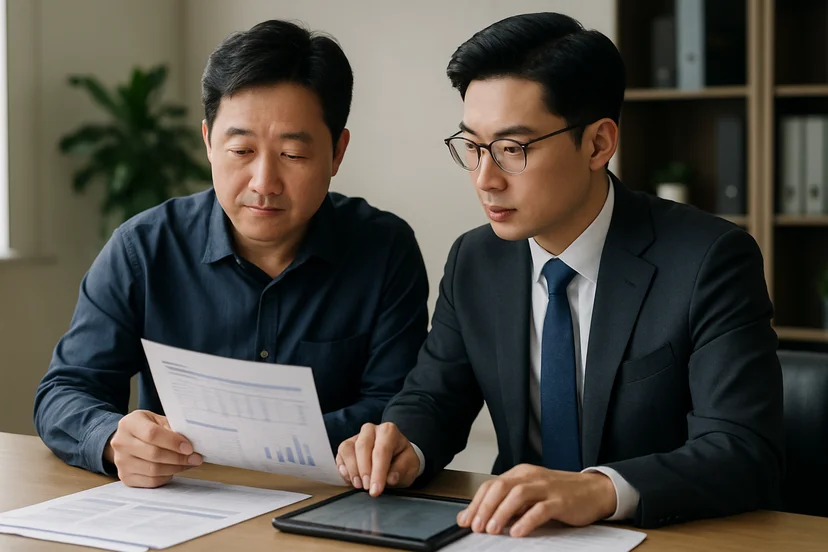 중소기업 대표가 정책자금 상담 자료를 확인하는 장면