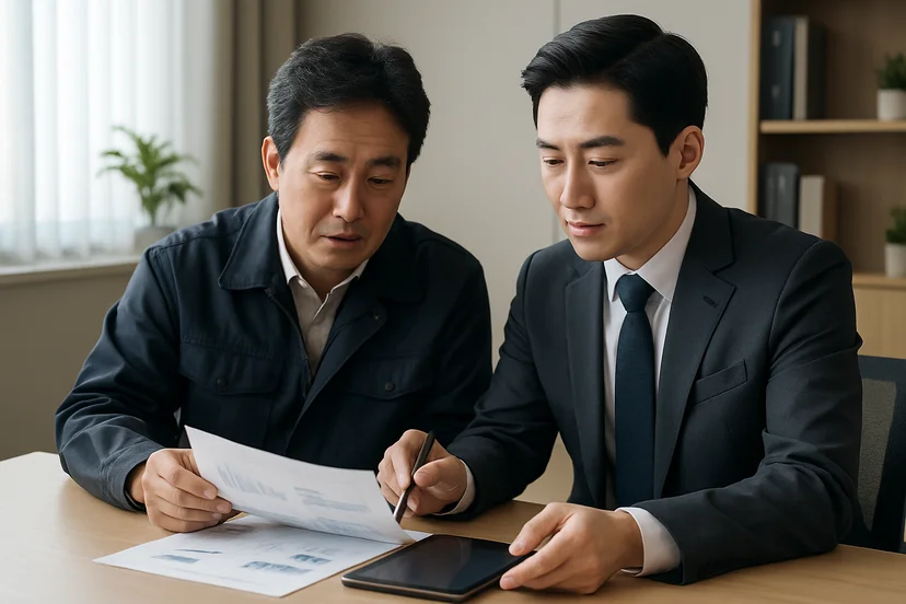 중소기업 대표가 정책자금 상담 자료를 확인하는 장면