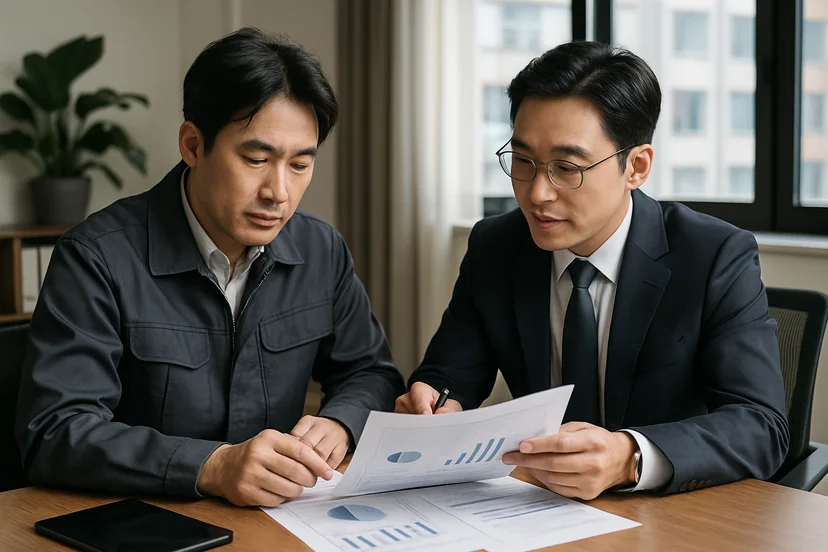 중소기업 대표가 정책자금 상담 자료를 확인하는 장면