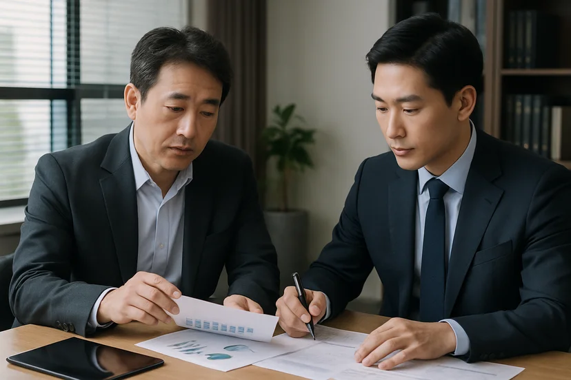 중소기업 대표가 정책자금 상담 자료를 확인하는 장면